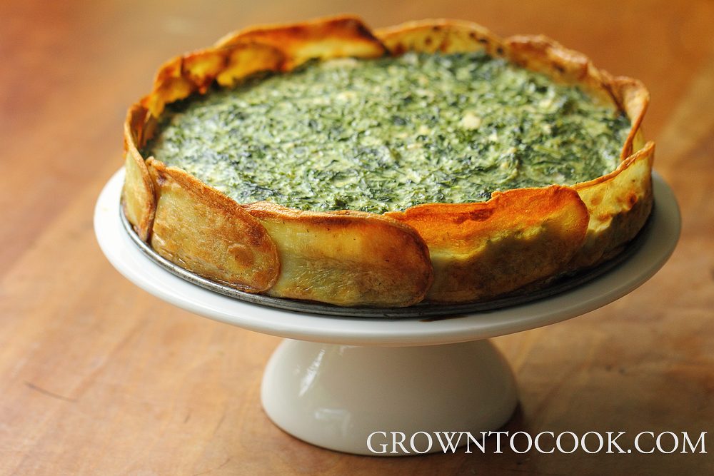 Spinach and herb torta in potato crust