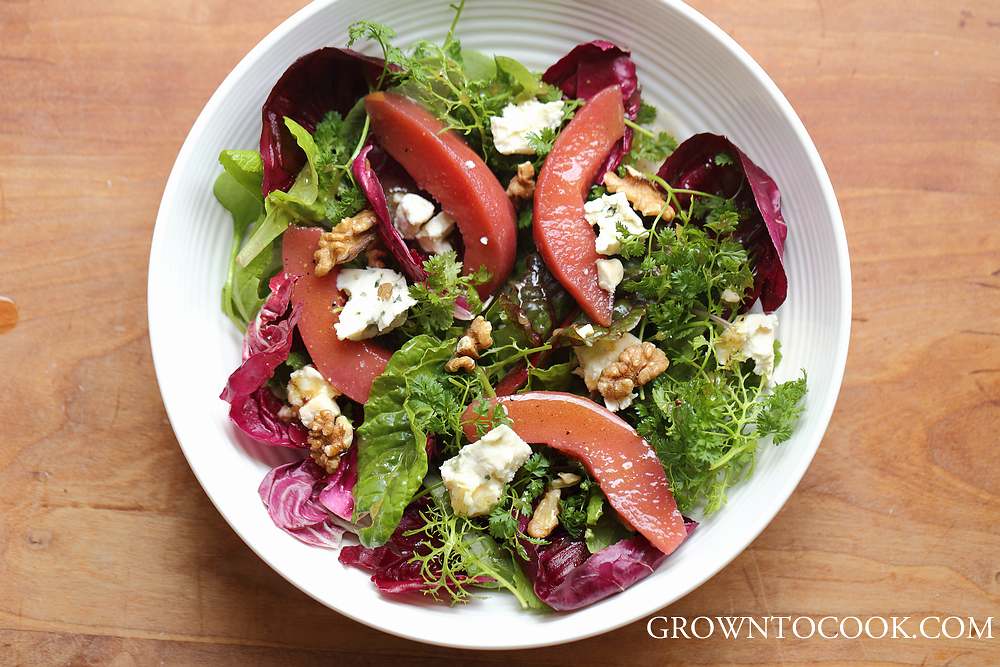 winter greens with poached quince salad