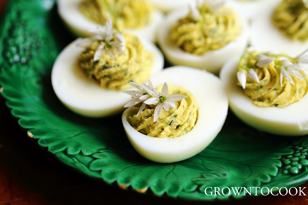 Wild garlic deviled eggs