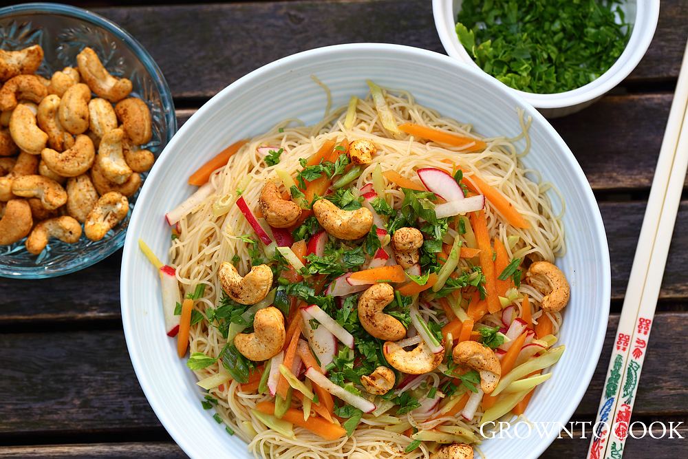 Chinese noodle salad with snow peas and spicy cashews