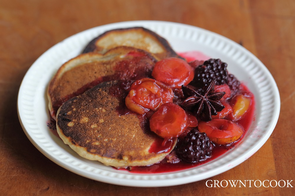 buckwheat pancakes with blackberry and plum compote