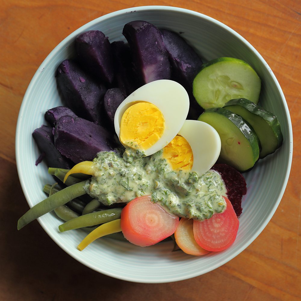 colorful vegetables with cold herb sauce