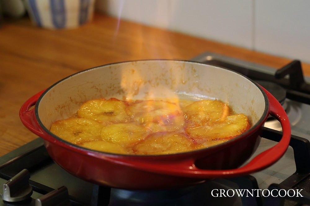 flambeeing the caramelized apples
