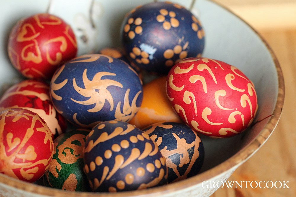 Easter eggs decorated with bees wax