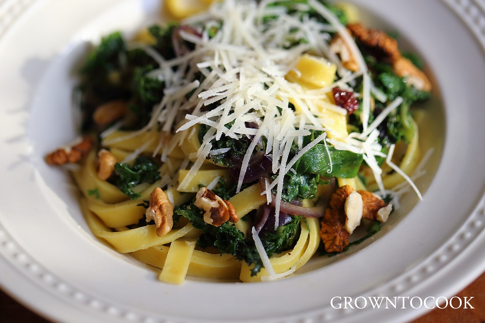 Tagliatelle with chard, kale, currants, walnuts and brown butter
