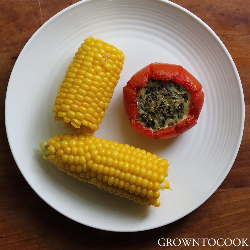 baked tomatoes and sweet corn